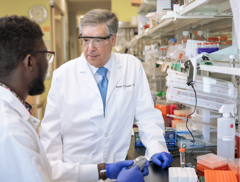 Robert D. Schreiber, Ph.D., and Samuel O. Ameh, a doctoral student in his lab at Washington University. (photo provided by the Washington University School of Medicine)
