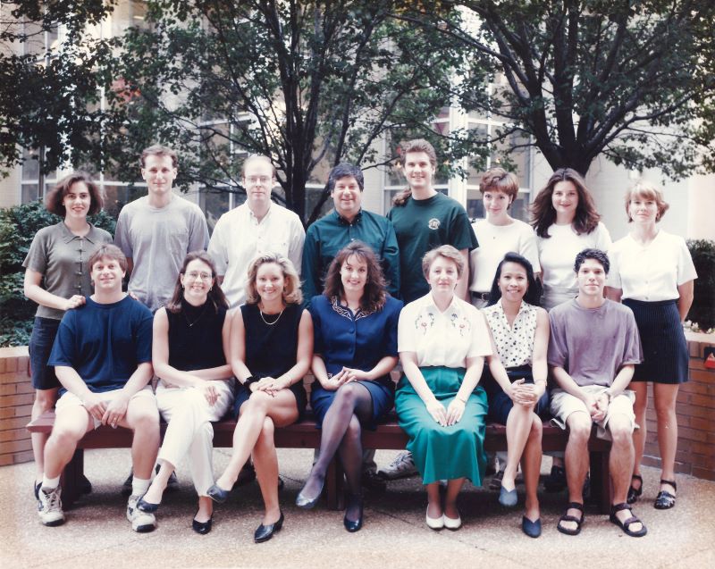 Schreiber’s lab in 1996. Kathleen Sheehan, Ph.D., (bottom, third from right) and Cora Arthur (to Sheehan’s right) have remained a part of Schreiber’s team for over 25 years. (photo provided by Schreiber)